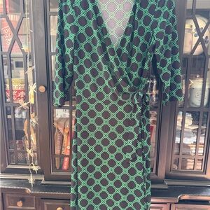 Ralph Lauren Black Midi Wrap Dress with Green Chain Pattern - Medium